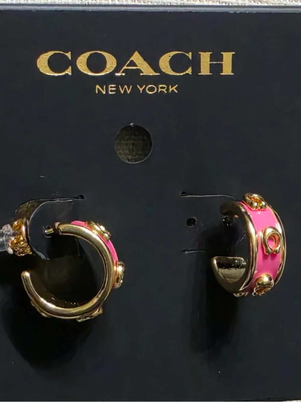 Coach Gold-Tone Hoop Earrings with Pink Enamel Accent - Picture 4 of 7